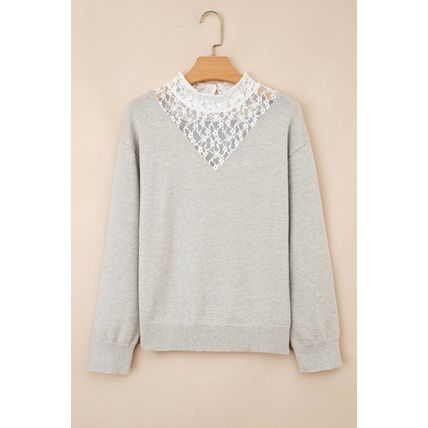 Light Grey Button Keyhole Lace Patchwork Drop Shoulder Sweater