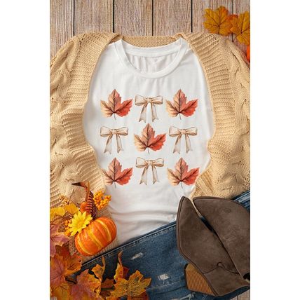 White Fall Leaf Bow Print Thanksgiving T Shirt