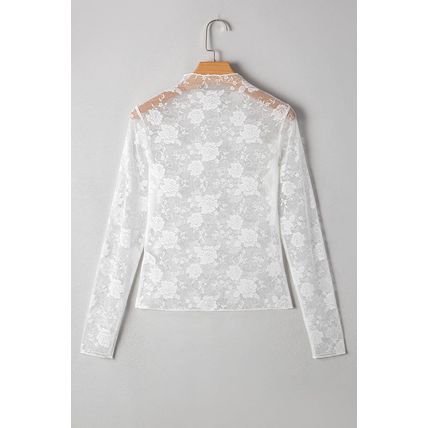 White Sheer Floral Lace Mesh Mock Neck Long Sleeve Top