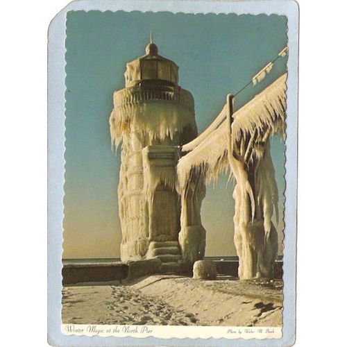 MI Benton Harbor Lighthouse Postcard Winter Magic At the North Pier Ripple~627