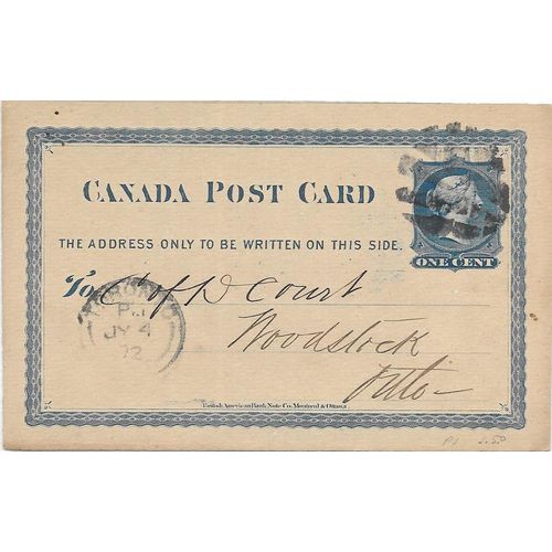 Toronto, Ontario fancy cork cancel, 1872, York Co. on #P1 Postal Card