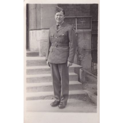 Military Soldier At Building Steps Real Photo Portrait Postcard