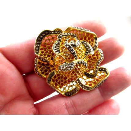Rare Gold Plated & Silver Beaded Filigree Rose Brooch pin Vintage