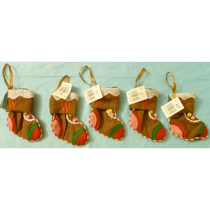 LOT OF 5 LETTER W MONOGRAMMED MINI BROWN GINGERBREAD STYLE CHRISTMAS STOCKINGS