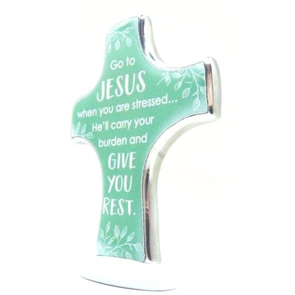 Go To Jesus When Your Stressed Cross Metal Freestanding White 8 CM Christ Love