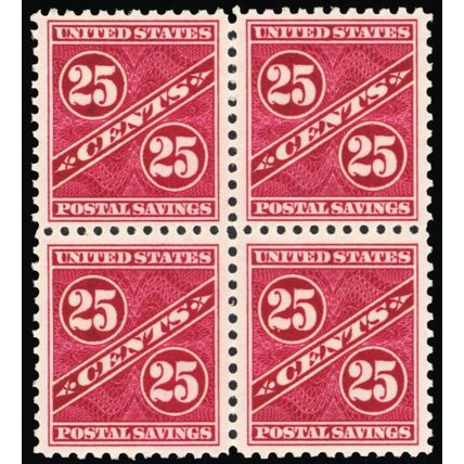 PS8, Mint NH VF 25¢ Postal Savings Block of Four CV $144 * Stuart Katz