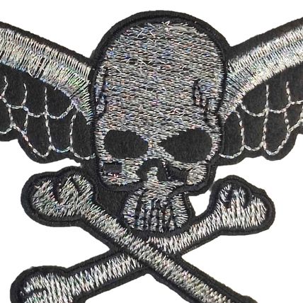 Iron On Patch Winged Skull Embroidered Silver Sew Biker Punk Rock 26 x 10cm P692