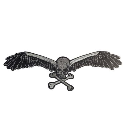 Iron On Patch Winged Skull Embroidered Silver Sew Biker Punk Rock 26 x 10cm P692