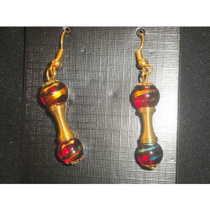 Unusual turquoise & gold on red asian glass with golden coiled spring earrings
