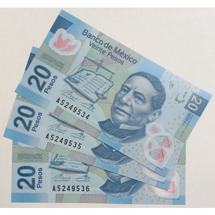 Mexico UNCIRCULATED $20 Pesos polymer 2018 Benito Juárez. Lot of 3 consecutive