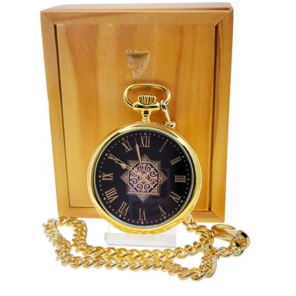 14K Gold Plated Men Big Heavy Brass Pocket Watch Black Dial Black Onyx