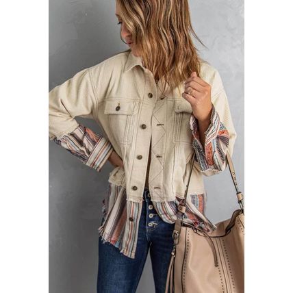 Button Up Pockets Striped Color Block Corduroy Jacket