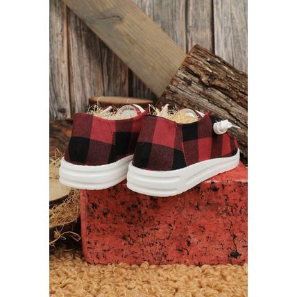 Red Vintage Plaid Lacing Decor Flat Shoes