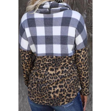 Leopard Leopard Plaid Patchwork Cowl Neck Sweatshirt