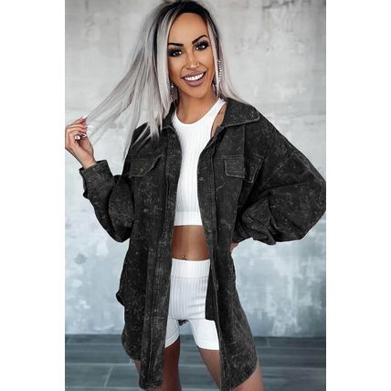 Black Vintage Distressed Mineral Wash Oversized Shacket