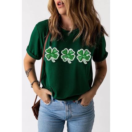Green St Patrick Clover Patch Sequin Graphic T-shirt