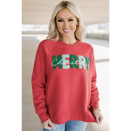 Fiery Red Chenille MERRY Christmas Raglan Sleeve Sweatshirt