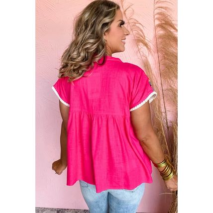 Strawberry Pink Geometric Embroidered Tassel Tie V Neck Blouse
