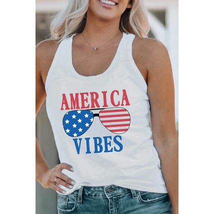 White AMERICA VIBES Sunglasses Graphic Print Racerback Tank Top
