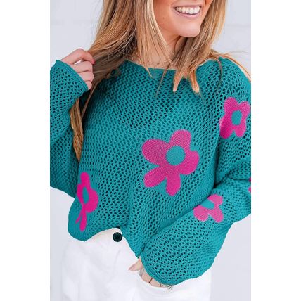 Sea Green Big Flower Hollowed Knit Drop Shoulder Sweater
