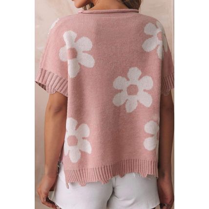 Light Pink Pearled Flower Distressed Edge Sweater T Shirt