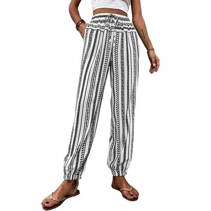 Black Stripe Boho Striped Print Casual Pants