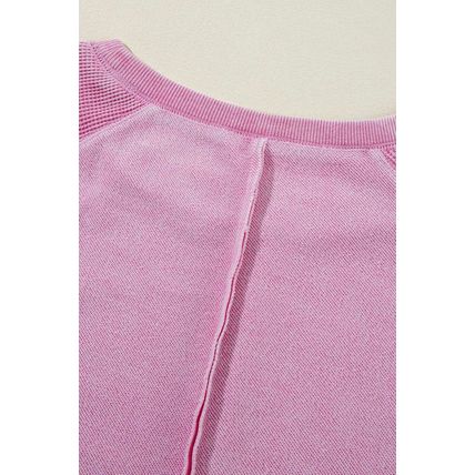 Pink Waffle Knit Patchwork Exposed Seam Raglan Sweatshirt