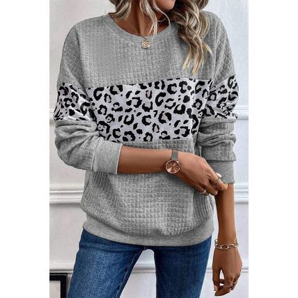 Gray Leopard Quilted Patchwork Crew Neck Sweatshirt
