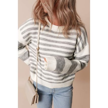 Gray Stripe Drop Shoulder Crew Neck Sweater