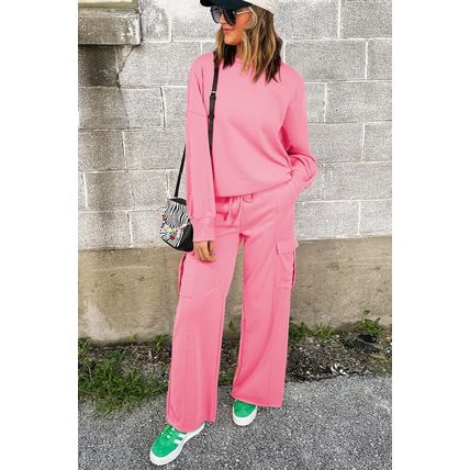 Sachet Pink Solid Color Patchwork Pullover Top and Cargo Pants Set
