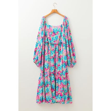 Sky Blue Floral Allover Print Shirred Square Neck Plus Size Maxi Dress