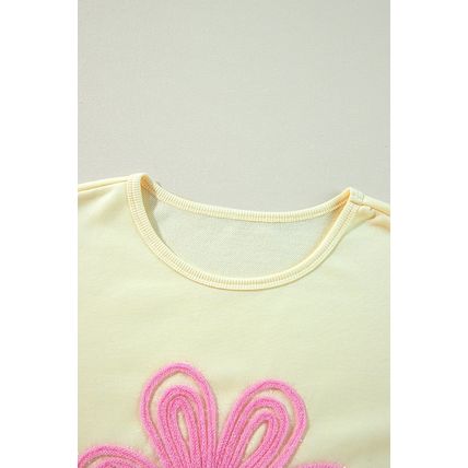 Beige Tinsel Flower Dropped Puff Sleeve Sweatshirt