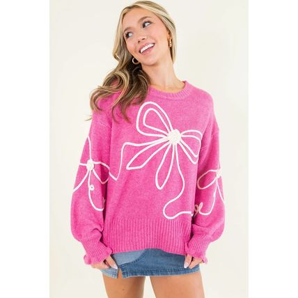 Bright Pink Corded Flower Bow Ribbed Trim Casual Sweater