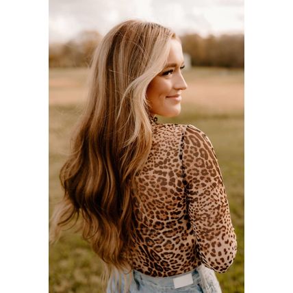 Brown Leopard Smocked Neck Mesh Long Sleeve Bodysuit