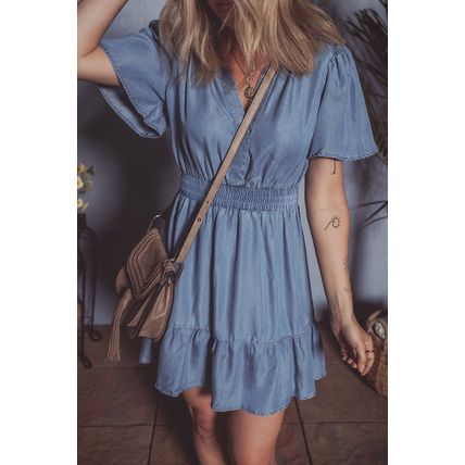 Ashleigh Blue Ruffled V Neck Smocked High Waist Denim Mini Dress
