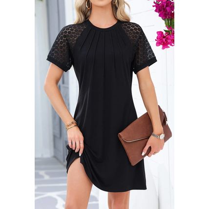 Black Contrast Lace Raglan Sleeve Pleated Detail Shift Dress