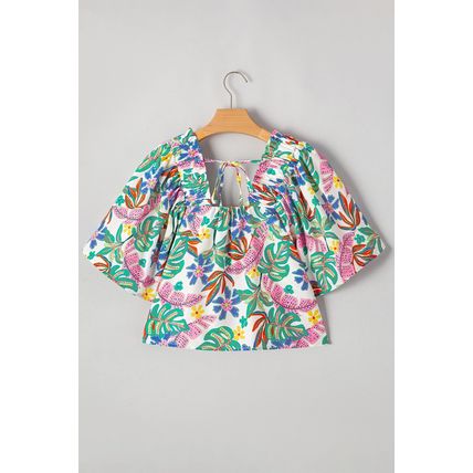 Green Plant Print Loose Fit Puff Sleeve Square Neck Blouse
