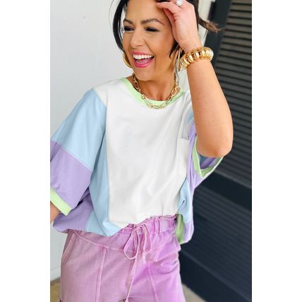 White Color Block Patchwork Half Sleeve Oversized T Shirt