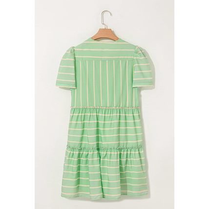 Green Stripe V Neck Short Sleeve Frilled Detail A-line Dress