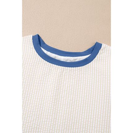 Beige Stripe Seersucker Contrast Round Neck Puff Sleeve T Shirt Dress