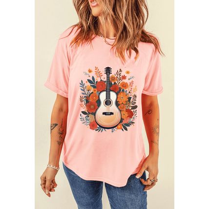Pink Guitar Flower Print Crew Neck Loose T Shirt