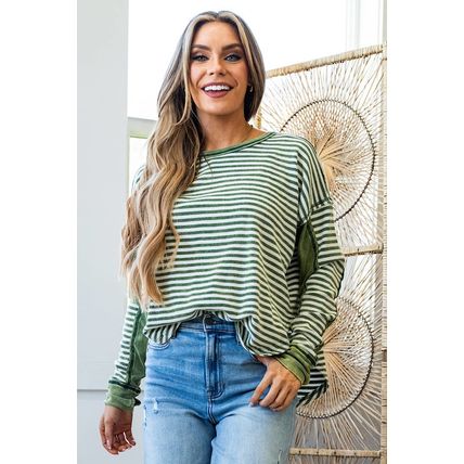 Green Stripe Thermal Knit Drop Shoulder Casual Top
