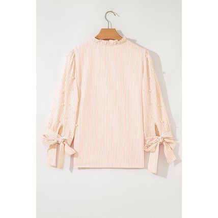 Pink Stripe Bow Knot Cuff Pearl Embellished Puff Sleeve V Neck Blouse