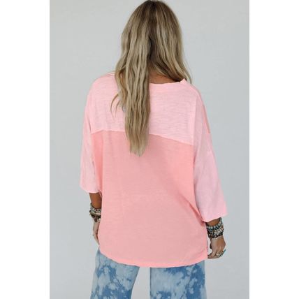 Pink Flower Patched Exposed Seam Bracelet Sleeve Oversized T Shirt