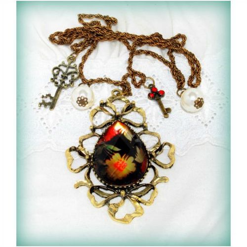 Sale Antiqued Bronze Pendant Crystal Key Faux Pearl Necklace Jewellery 1392