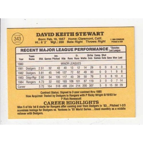 1985 Donruss Dave Stewart baseball card #343 –Rangers