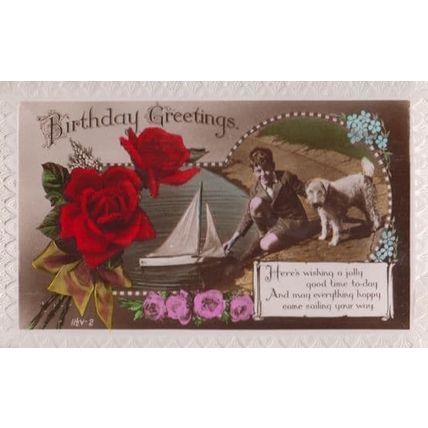 Boy With Toy Model Boat Terrier Dog Lake Greetings Antique Old Birthday Postcard