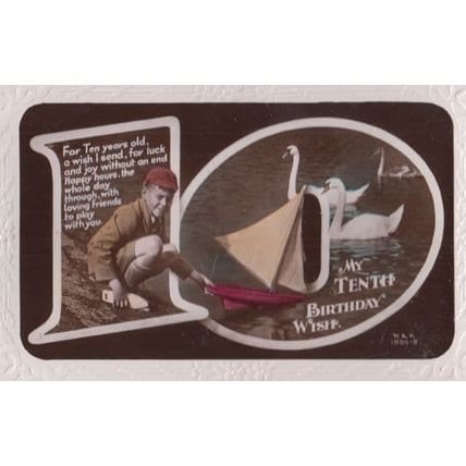 Boy With Toy Model Boat Swans Birds Greetings Antique Old 10th Birthday Postcard