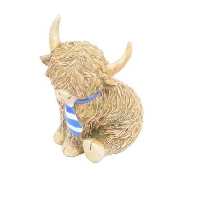 Happy Highland Cow Ornament Wearing Blue & White Tie 10 CM Gift Home Decor