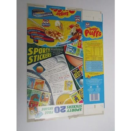Quaker Sugar Puffs 2002 Cereal Box Sporty Stickers 450g Box only